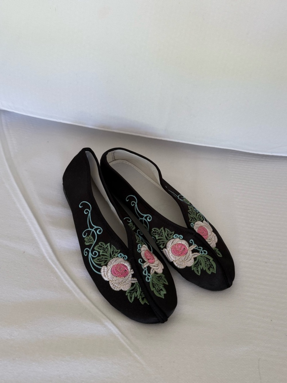 Classic Chinese Black Embroidered Floral Slingback Flats - Pink Rose Accent